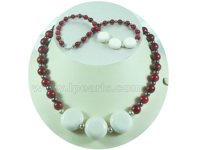 white 20mm rondelle and 8-9mm round red coral necklace
